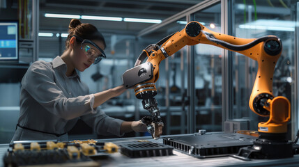 The engineer oversees the assembly of a modular robotic system, integrating AI-powered components for flexible and scalable automation solutions. - obrazy, fototapety, plakaty