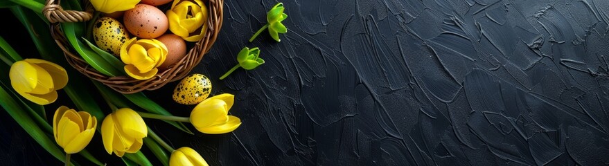 Yellow tulips and Easter eggs in a basket on a black background, top view, easter concept banner...