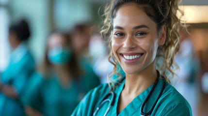 Fototapeta premium Portrait of happy young nurse in uniform looking at camera