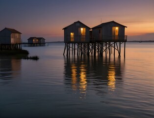 fishing huts on stilts at dusk in Fouras Aquitaine France
