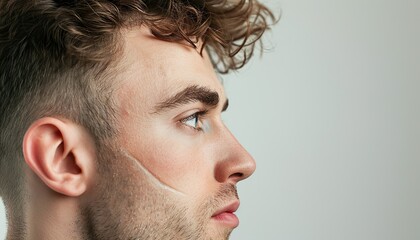 Obraz premium Profile of a Young Man with Stubble and Curly Hair Looking Forward