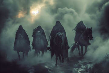 Four Horsemen of the Apocalypse, biblical prophecy. Riders of end times.  - obrazy, fototapety, plakaty
