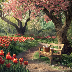 enchanted spring garden with blooming cherry trees and vibrant tulips surrounding a peaceful wooden bench