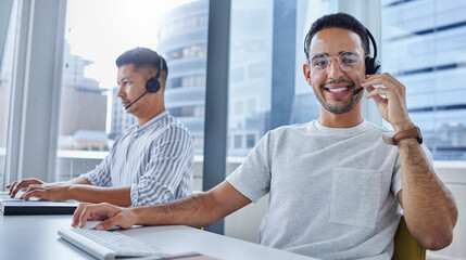 Men, business and headset at call centre for technical support or networking, crm or customer...