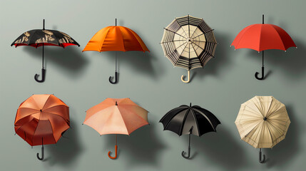 An abstract collection of umbrellas and parasols on a neutral background.  - obrazy, fototapety, plakaty