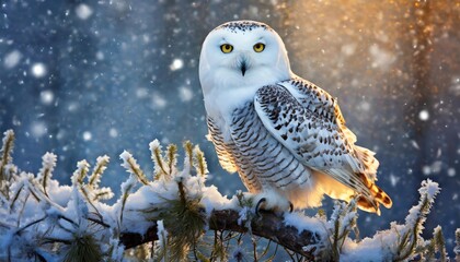 Snowy owl sits on frosty branch in a cold winter night
