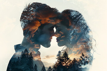 Mesmerizing double exposure poster showcasing a passionate couple in love, capturing the essence of romance and intimacy - obrazy, fototapety, plakaty