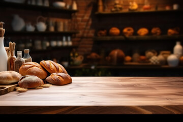 Bakery products, bread on wooden table in supermarket. Template for product display. World Bread Day.