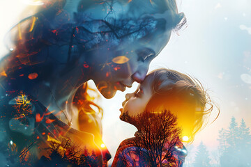 Stunning double exposure poster featuring a loving mother and child, symbolizing the bond and tenderness of motherhood - obrazy, fototapety, plakaty