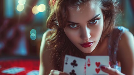Intense young woman playing cards with striking gaze and bokeh background