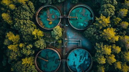 Aerial view of an abandoned water treatment plant surrounded by forest