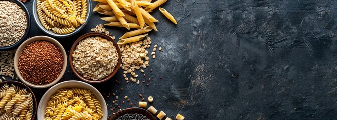 Assorted grains and pasta in bowls on a dark textured background