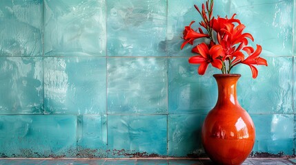 Vibrant red flowers in orange vase against turquoise tile background