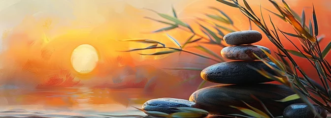 Schilderijen op glas Serene sunset landscape with zen stones and vibrant reflections © volga