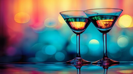 Vibrant cocktail glasses with colorful bokeh background - Powered by Adobe