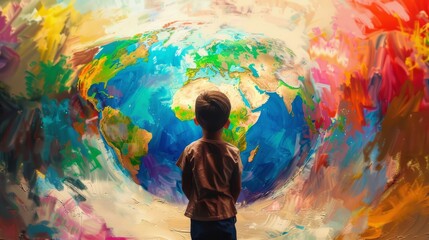 Obraz premium Fantasy illustration: Children standing on top, overlooking the Earth