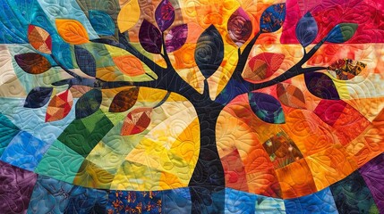 Vibrant handmade quilt with colorful tree design