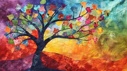 Colorful quilted fabric tree artwork with intricate patterns - obrazy, fototapety, plakaty