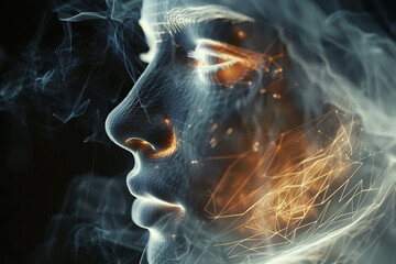 Glowing translucent wireframe visualization of a human face, perfect for futuristic and digital art projects