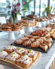 Vegan pastries lineup, tempting display, bakery counter, copy space above, customer s POV