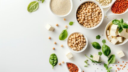 Vegan protein sources displayed, legumes and tofu, neutral background, text space, high angle