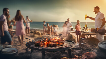 Family party on the beach in California at sunset