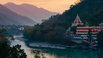 panoramic cityscape of Rishikesh, the yoga capital of the World located in the foothills Himalayas along the banks of river Ganga or Ganges in Uttarakhand state of India.
