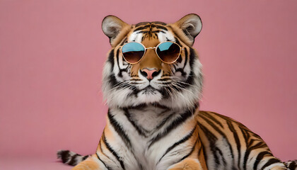 Cool tiger with sunglasses in front of pink background. Studio wild animal wallpaper.