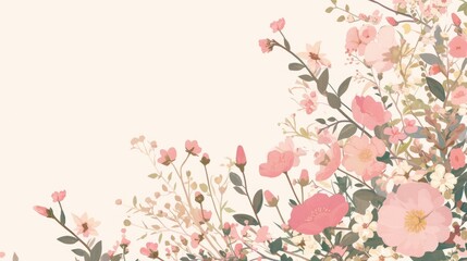 Design a 2d illustration featuring adorable pink flowers with branches and leaves for a fresh and charming look