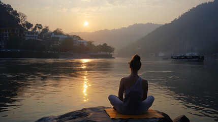 beautiful young woman makes yoga pose Rishikesh.
