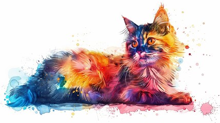 Painted cat in watercolor style design multicolor wallpaper