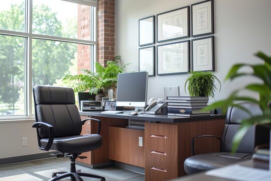 A well-appointed doctor s office featuring an executive chair, desktop computer, neat stack of books