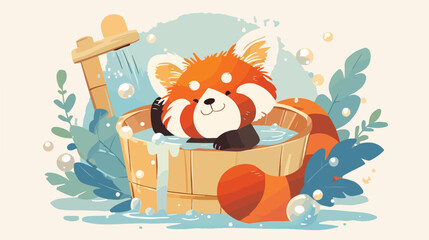 A vector of a cute red panda taking a magic bath 2d
