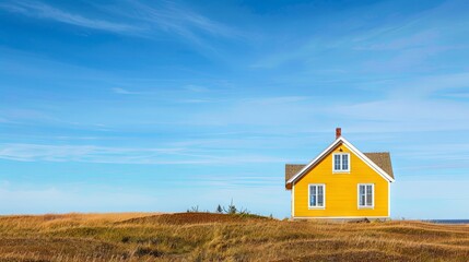 Solitary yellow house on a serene prairie under blue sky