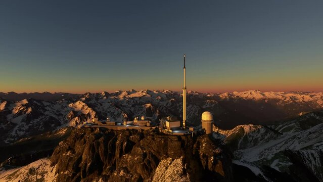 Aerial view at sunset of Pic du Midi de Bigorre Observatory in French Pyrenees. France