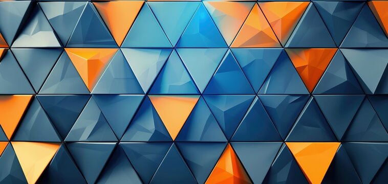Abstract blue orange geometric futuristic technology texture with triangular 3d triangles shapes pattern wall background banner illustration
