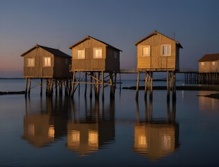 fishing huts on stilts at Fouras Aquitaine France at dusk

