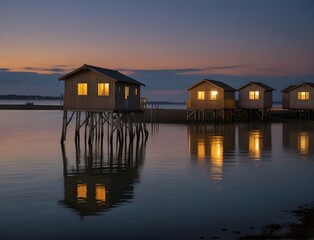 fishing huts on stilts at Fouras Aquitaine France at dusk
