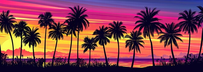 Fototapeta na wymiar Tropical sunset paradise with silhouettes of palm trees and vibrant sky