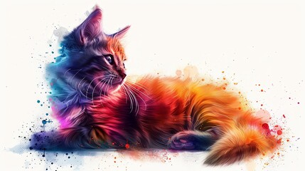 Graphic design of cute cat in multicolor watercolor style