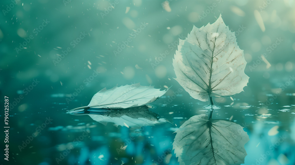 Poster white transparent leaf on mirror surface with reflection on turquoise background macro. artistic ima