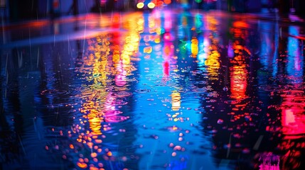 Colorful urban reflections on wet city street at night