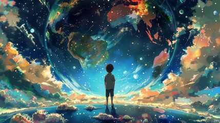 Fantasy illustration: Children standing on top, overlooking the Earth