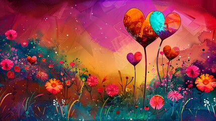 Colorful abstract floral landscape with heart-shaped balloons