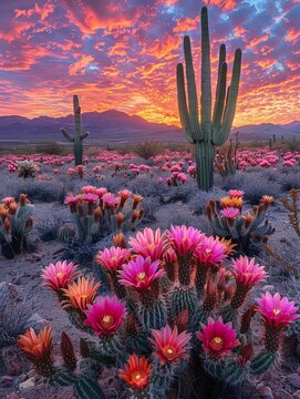 photography of An arid desert scene at dawn, featuring a blooming saguaro cactus with vibrant flowers, against a backdrop of sunset colored sky