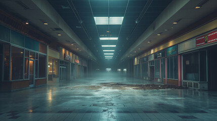 A desolate image of an abandoned shopping center with vacant storefronts, dusty floors, and dim lighting, evoking a sense of eerie silence and neglect
