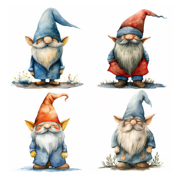 set cute gnomes, watercolor illustration with low details, on white backgorund