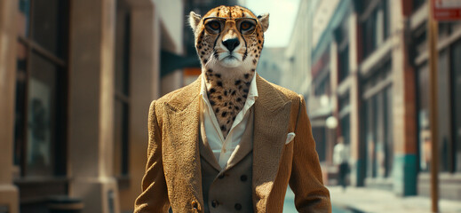 A stylish cheetah strides confidently down a city street in a tailored suit and sunglasses.