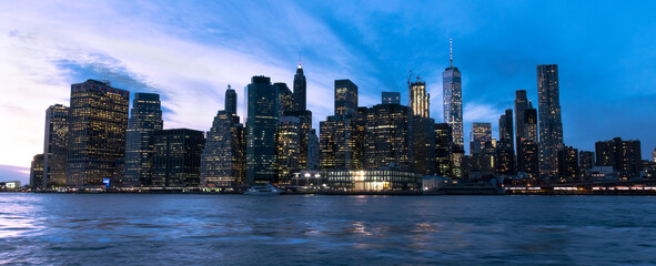 New York City downtown skyline panorama at blue hour