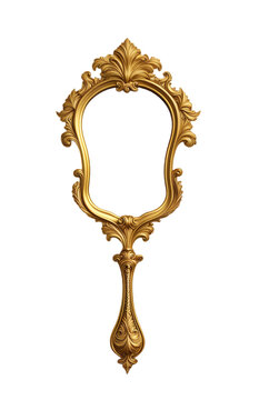 Espelho de m&atilde;o de ouro, moldura de espelho de m&atilde;o vintage dourada em formato org&acirc;nico, espelho antigo de princesa em formato diferente isolado em fundo transparente